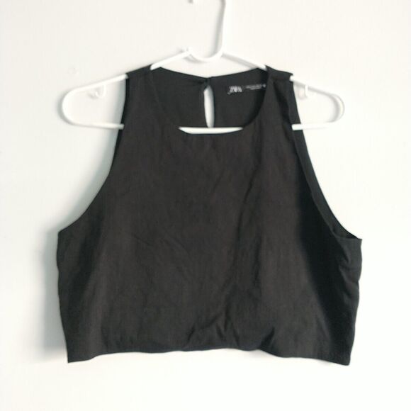 Zara Tank Top Women's L/S*Black Cut Out Cropped Sleeveless Stretch Minimalist - Picture 1 of 6